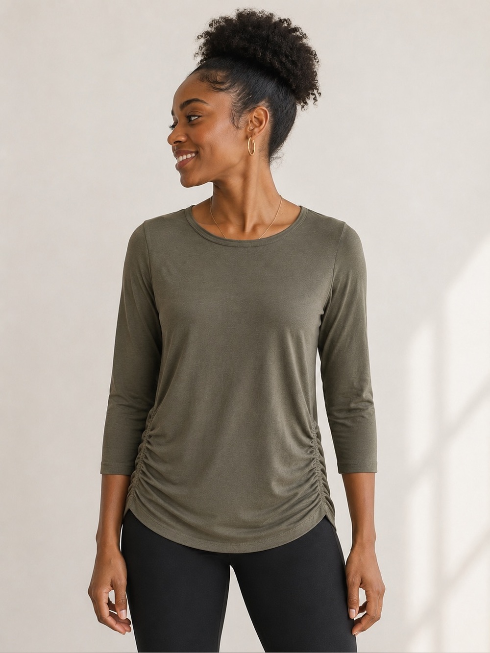 White House Black Market Olive Ruched Side 3/4 Sleeve Top M